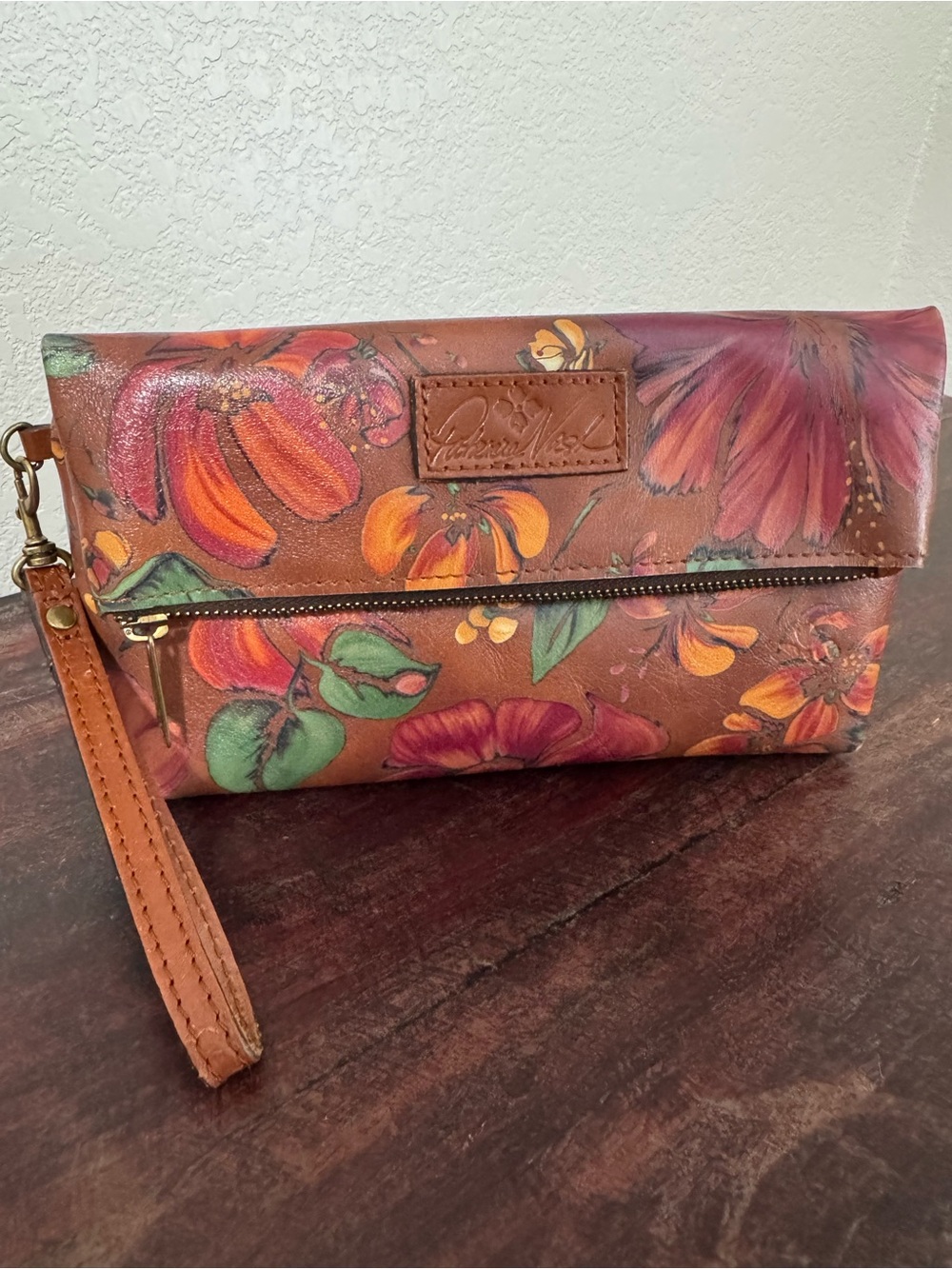 Patricia Nash Floral Leather Wristlet Clutch - Brown